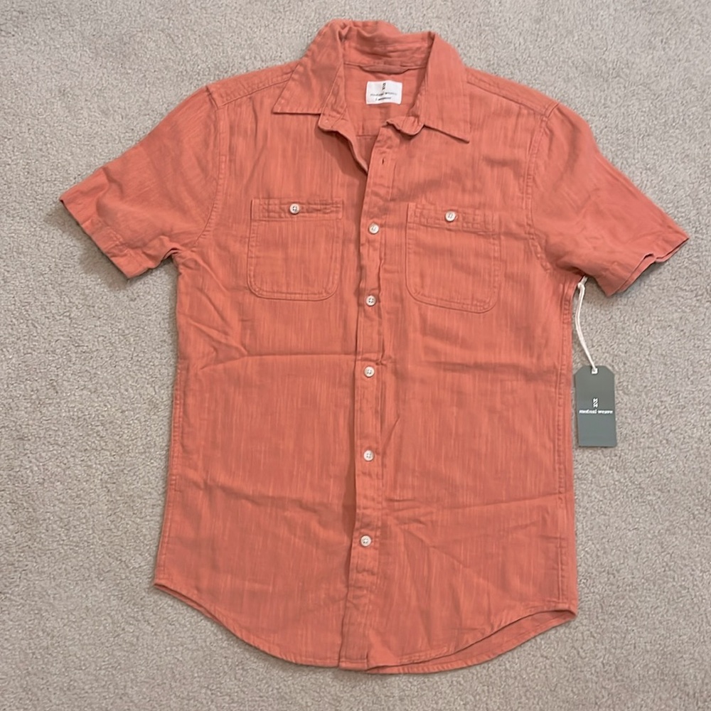 NWT mutual weave Mens Cotton Short Sleeve Button-Down Shirt, small, orange